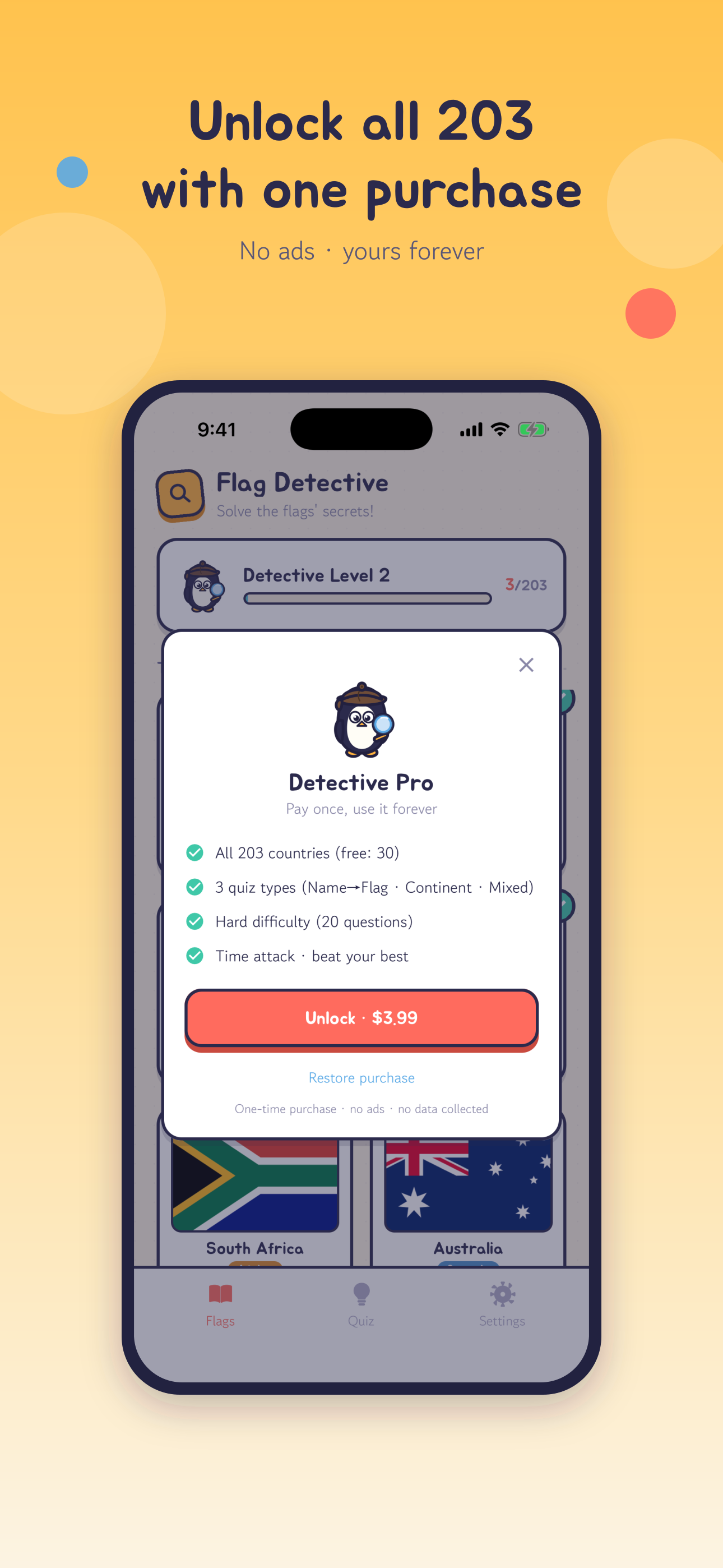 Detective Pro — unlock all 203 countries screen