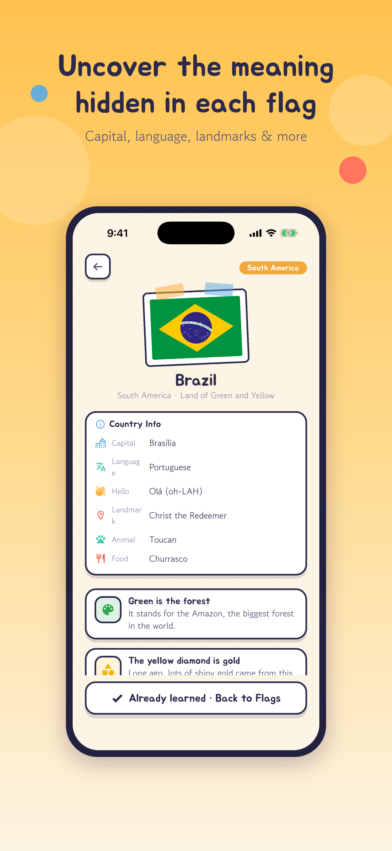 Flag detail — capital, language, greeting, landmark, animal, food and the clues