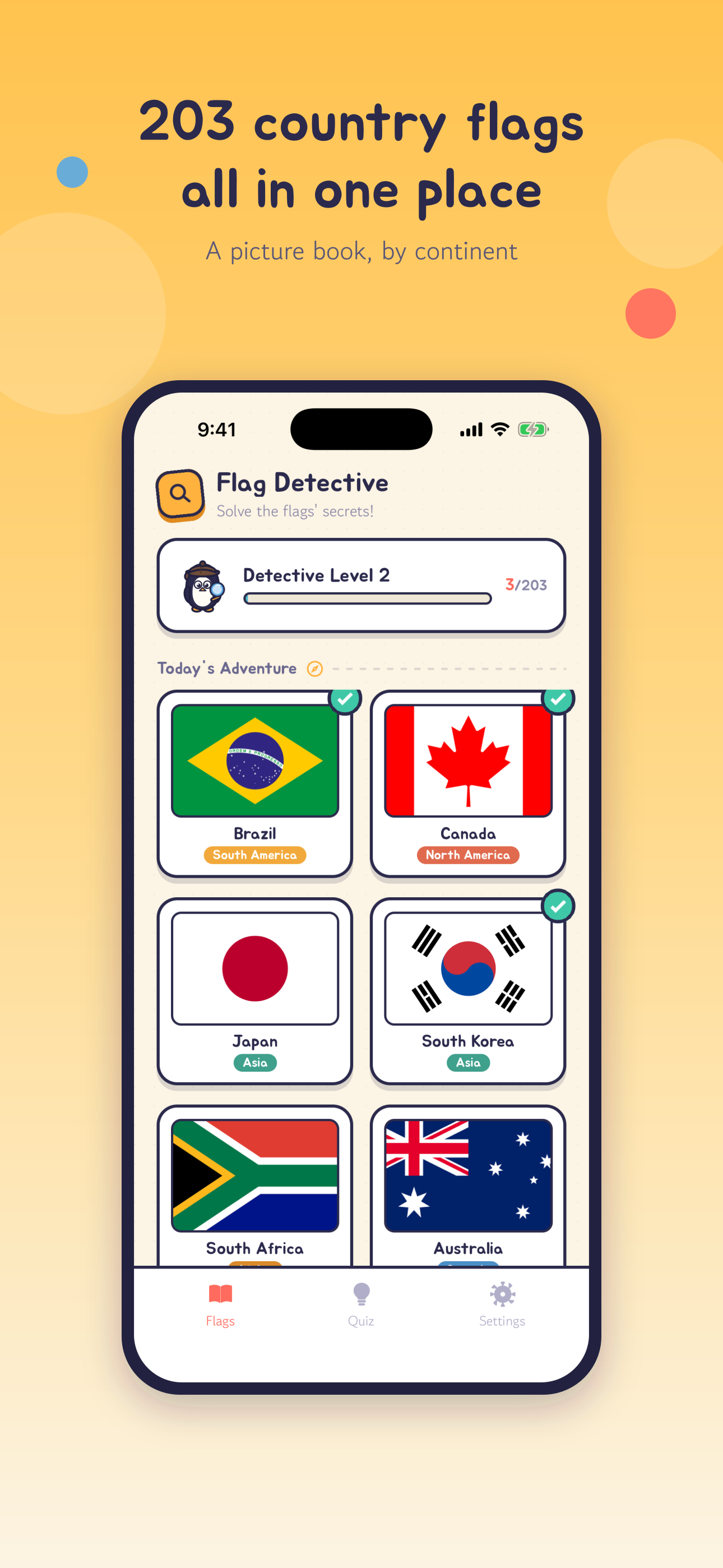 Home screen — 203 country flags by continent and today's adventure