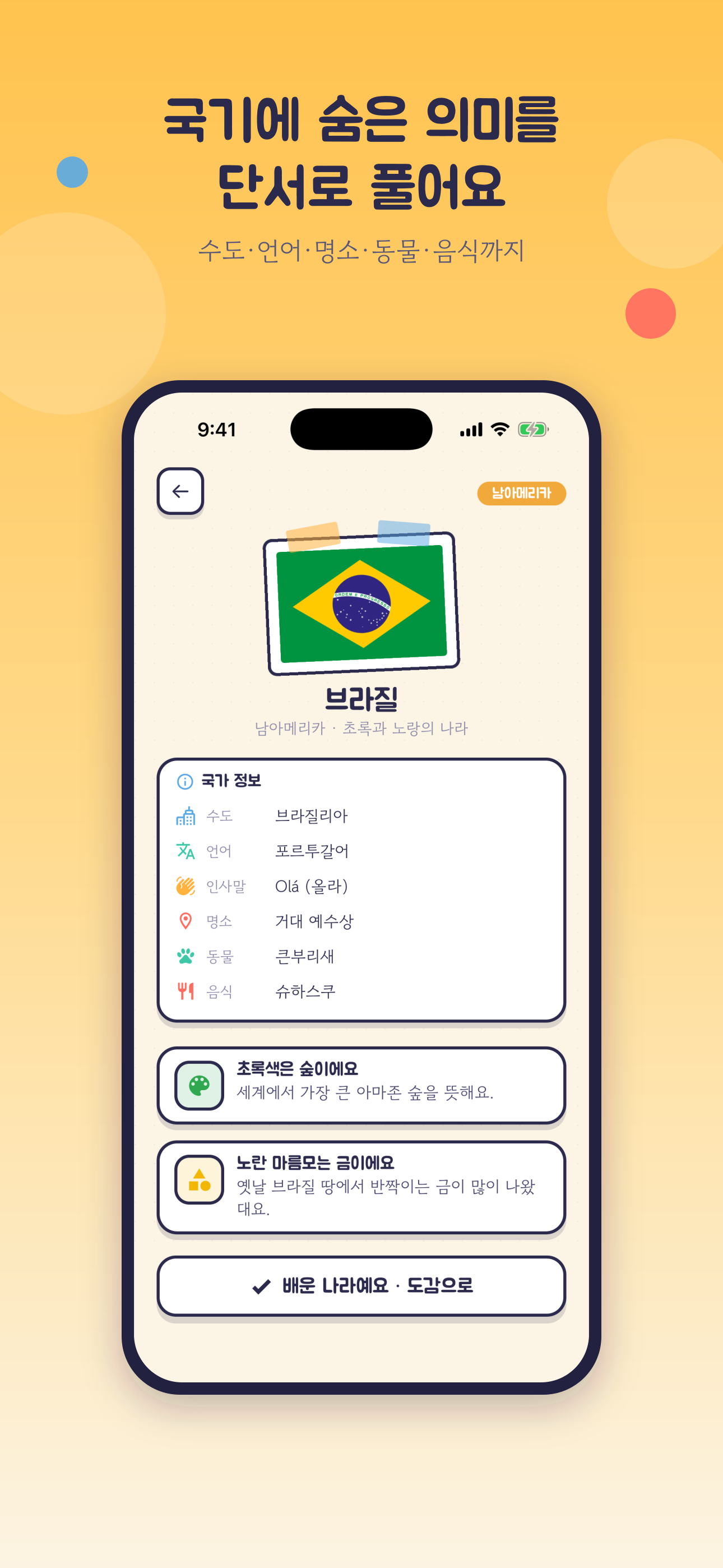 국기 상세 — 수도·언어·인사말·명소·동물·음식과 단서 풀이